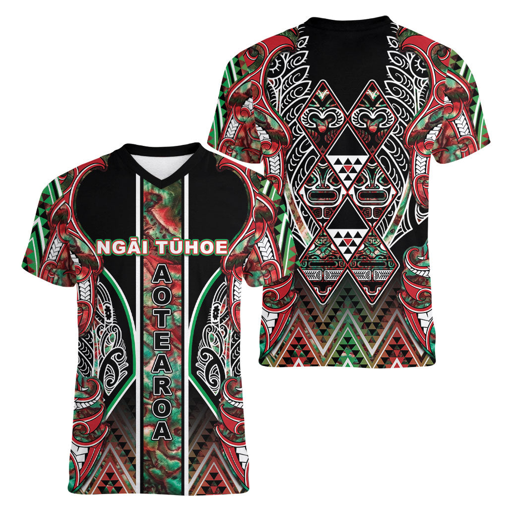 Aotearoa Ngai Tuhoe Women V-Neck T-Shirt Maori Tribal Red And Green Paua Shell Pattern