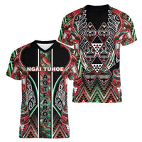 Aotearoa Ngai Tuhoe Women V-Neck T-Shirt Maori Tribal Red And Green Paua Shell Pattern