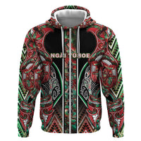Aotearoa Ngai Tuhoe Zip Hoodie Maori Tribal Red And Green Paua Shell Pattern