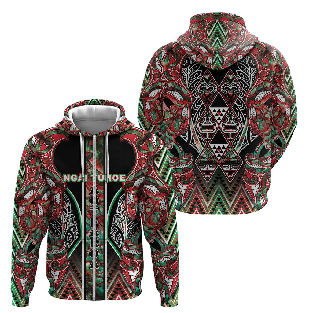 Aotearoa Ngai Tuhoe Zip Hoodie Maori Tribal Red And Green Paua Shell Pattern