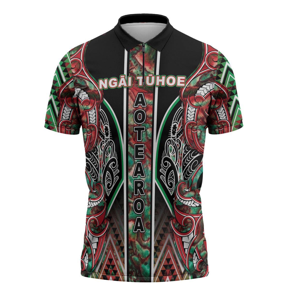 Aotearoa Ngai Tuhoe Zipper Polo Shirt Maori Tribal Red And Green Paua Shell Pattern