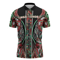 Aotearoa Ngai Tuhoe Zipper Polo Shirt Maori Tribal Red And Green Paua Shell Pattern