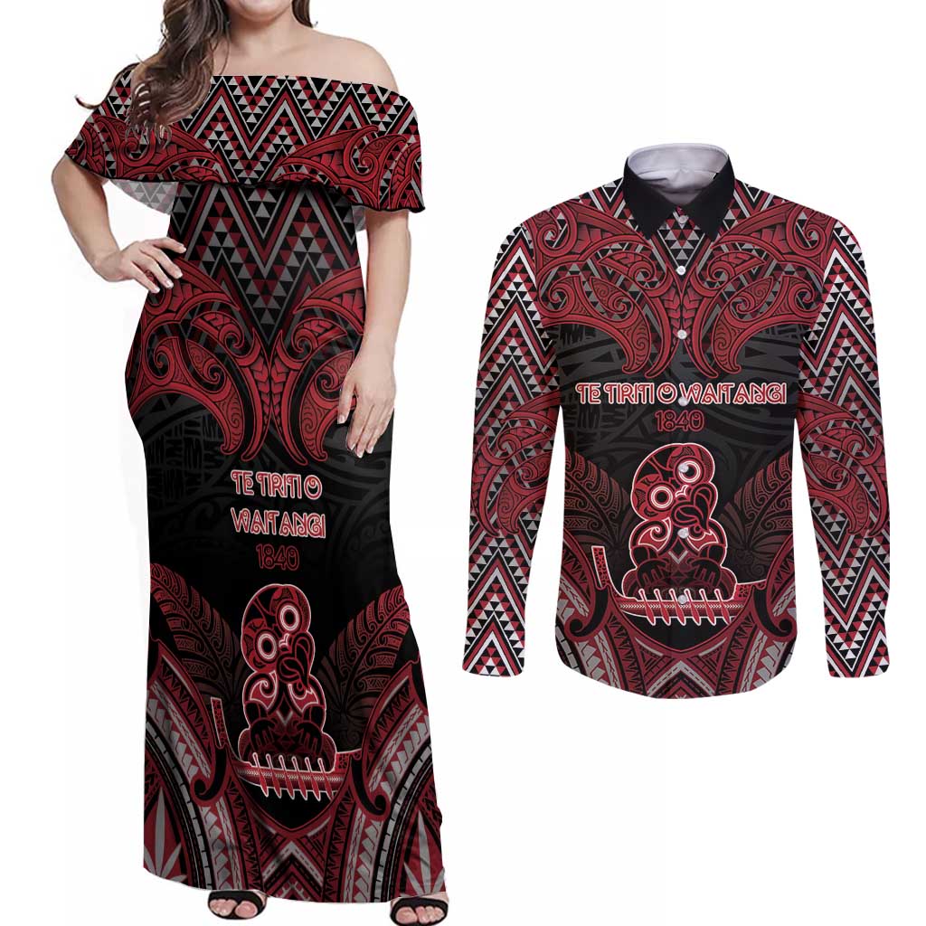Personalised New Zealand Waitangi Day Couples Matching Off Shoulder Maxi Dress and Long Sleeve Button Shirt Te Tiriti O Waitangi 1840 - Polynesian Pride