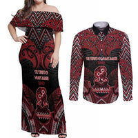 Personalised New Zealand Waitangi Day Couples Matching Off Shoulder Maxi Dress and Long Sleeve Button Shirt Te Tiriti O Waitangi 1840 - Polynesian Pride
