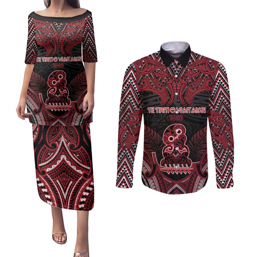Personalised New Zealand Waitangi Day Couples Matching Puletasi and Long Sleeve Button Shirt Te Tiriti O Waitangi 1840 DT05 Black - Polynesian Pride