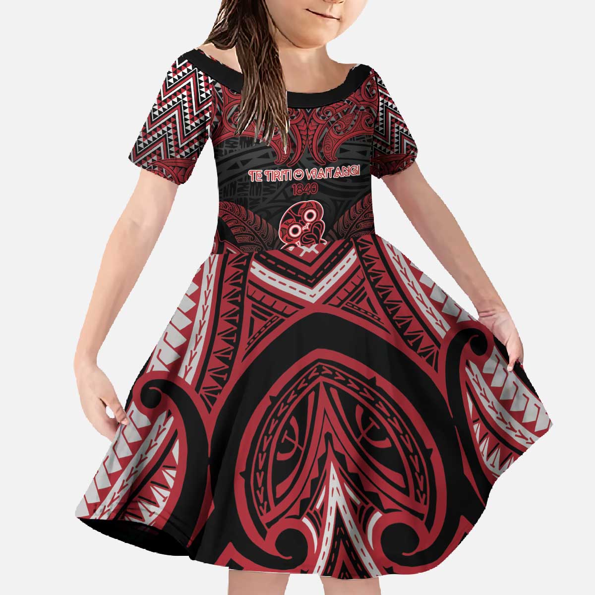 Personalised New Zealand Waitangi Day Family Matching Off The Shoulder Long Sleeve Dress and Hawaiian Shirt Te Tiriti O Waitangi 1840 - Polynesian Pride