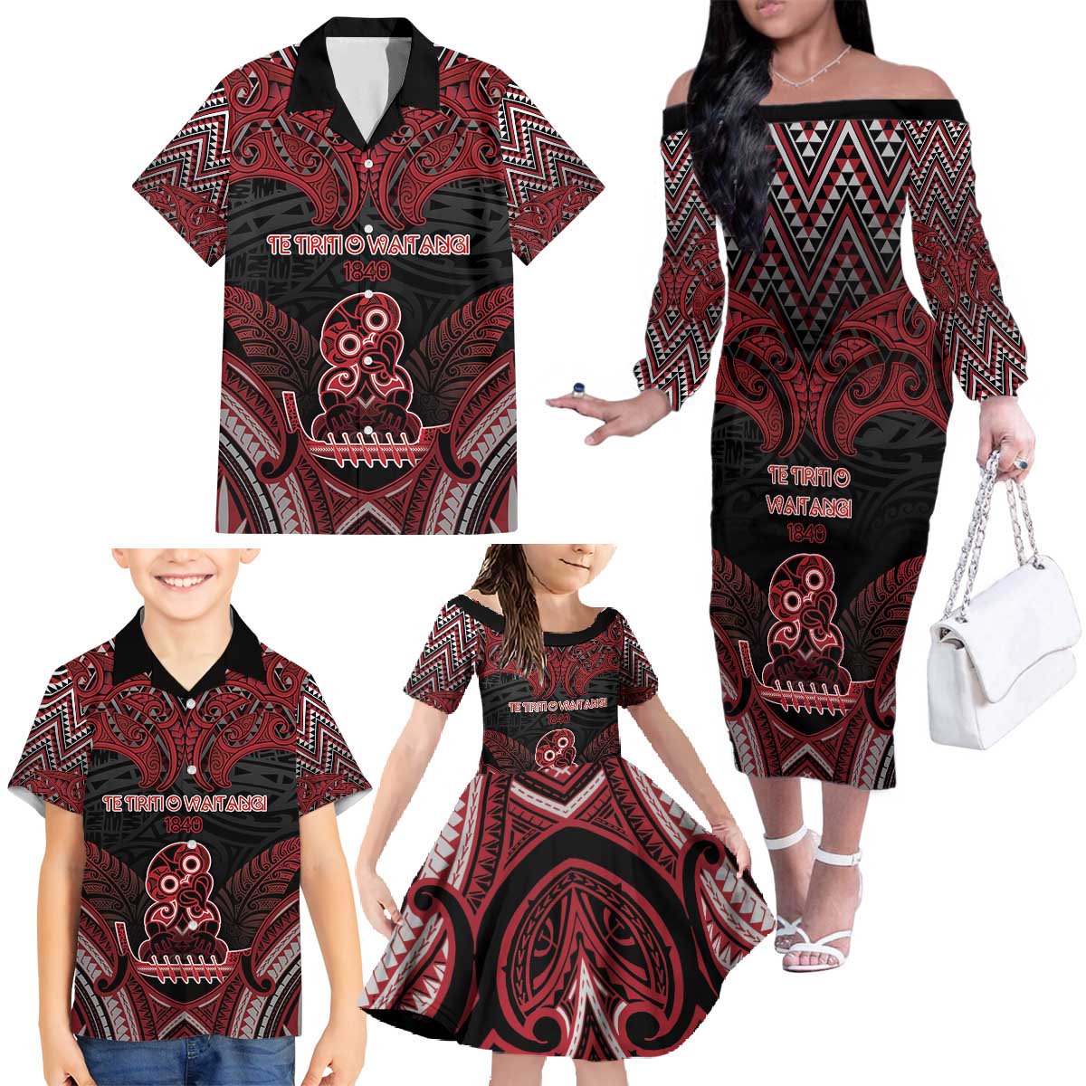Personalised New Zealand Waitangi Day Family Matching Off The Shoulder Long Sleeve Dress and Hawaiian Shirt Te Tiriti O Waitangi 1840 - Polynesian Pride