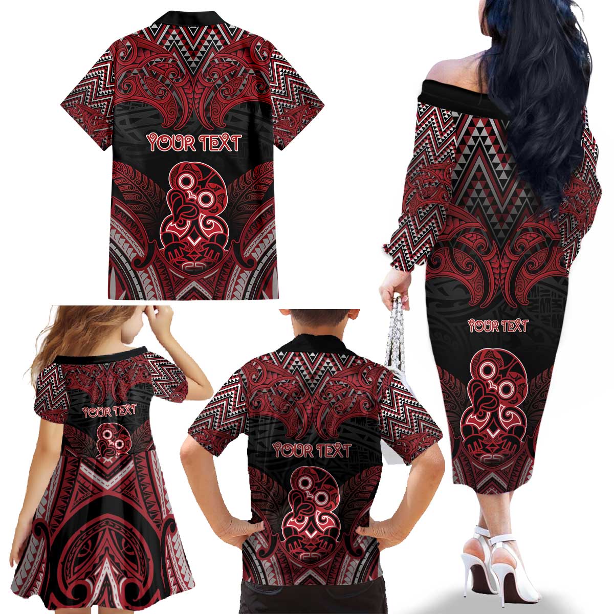 Personalised New Zealand Waitangi Day Family Matching Off The Shoulder Long Sleeve Dress and Hawaiian Shirt Te Tiriti O Waitangi 1840 - Polynesian Pride