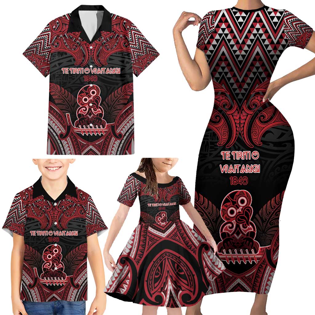 Personalised New Zealand Waitangi Day Family Matching Short Sleeve Bodycon Dress and Hawaiian Shirt Te Tiriti O Waitangi 1840 - Polynesian Pride