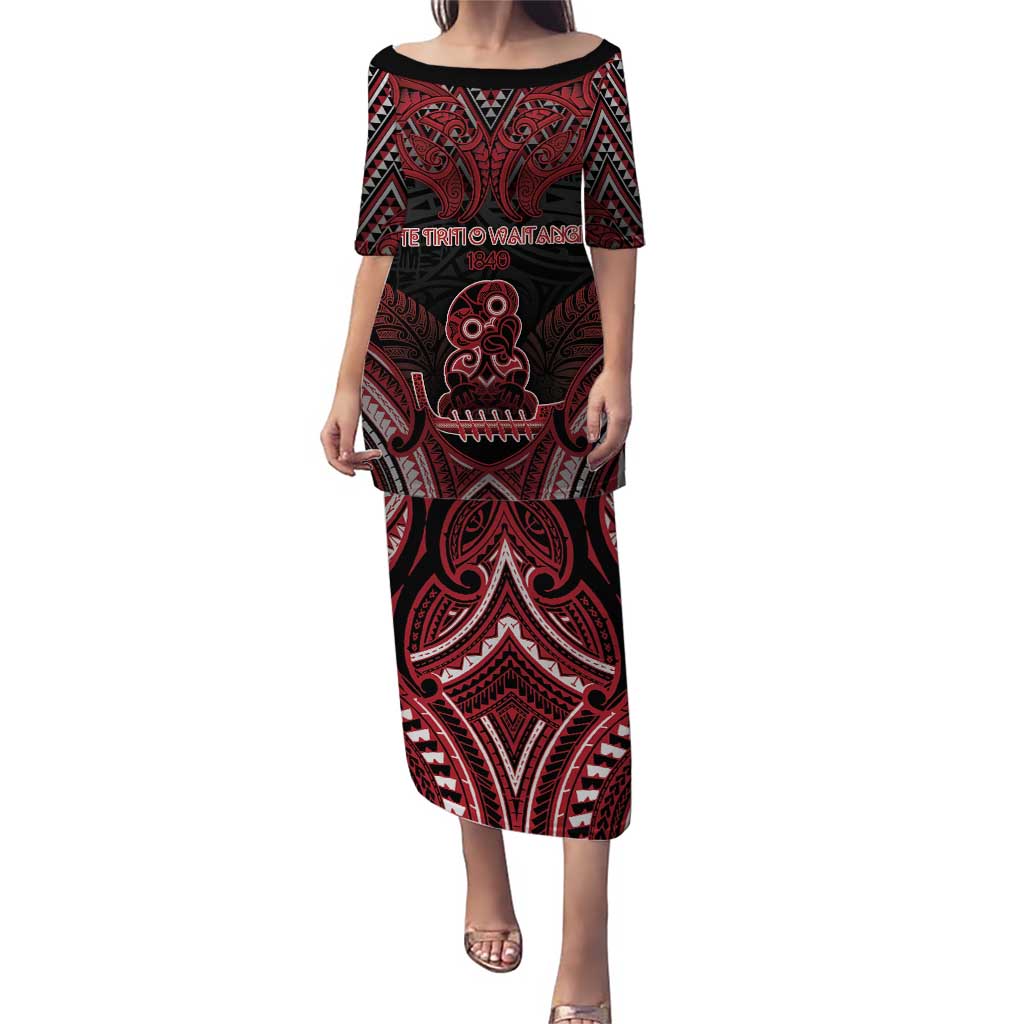 Personalised New Zealand Waitangi Day Puletasi Te Tiriti O Waitangi 1840 DT05 Long Dress Black - Polynesian Pride