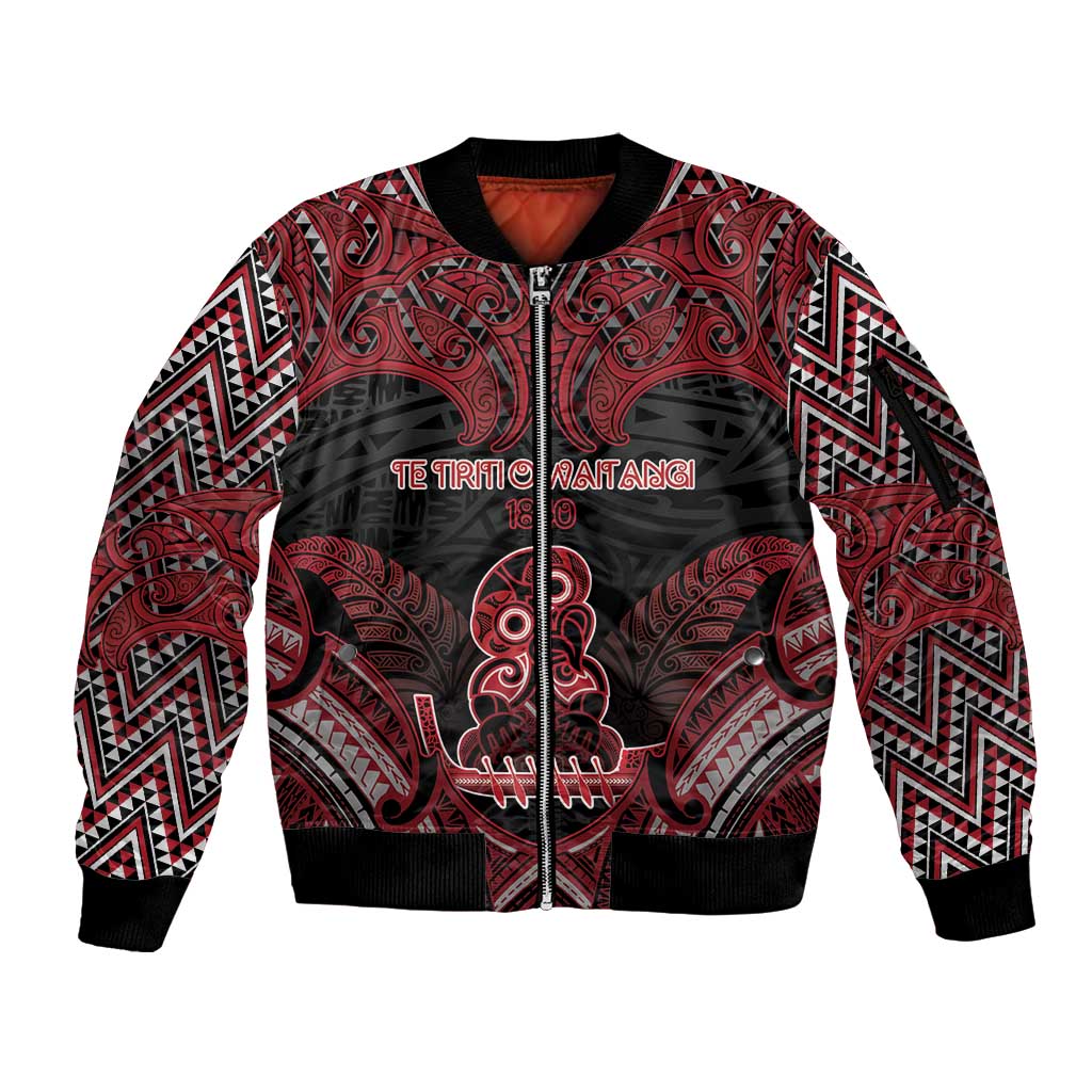 Personalised New Zealand Waitangi Day Sleeve Zip Bomber Jacket Te Tiriti O Waitangi 1840 DT05 Unisex Black - Polynesian Pride