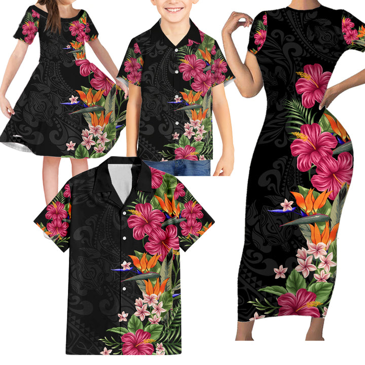 Hawaii Flowers Tribal Pattern Family Matching Short Sleeve Bodycon Dress and Hawaiian Shirt LT9 - Polynesian Pride