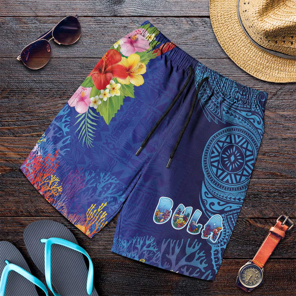 Fiji Day Shorts for Men Coral Reef with Tapa Motifs and Hibiscus Ocean Vibe