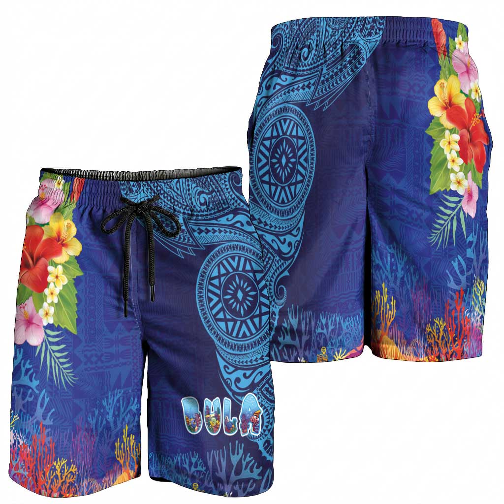 Fiji Day Shorts for Men Coral Reef with Tapa Motifs and Hibiscus Ocean Vibe
