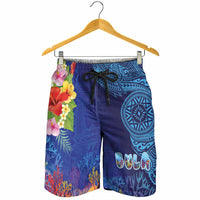 Fiji Day Shorts for Men Coral Reef with Tapa Motifs and Hibiscus Ocean Vibe