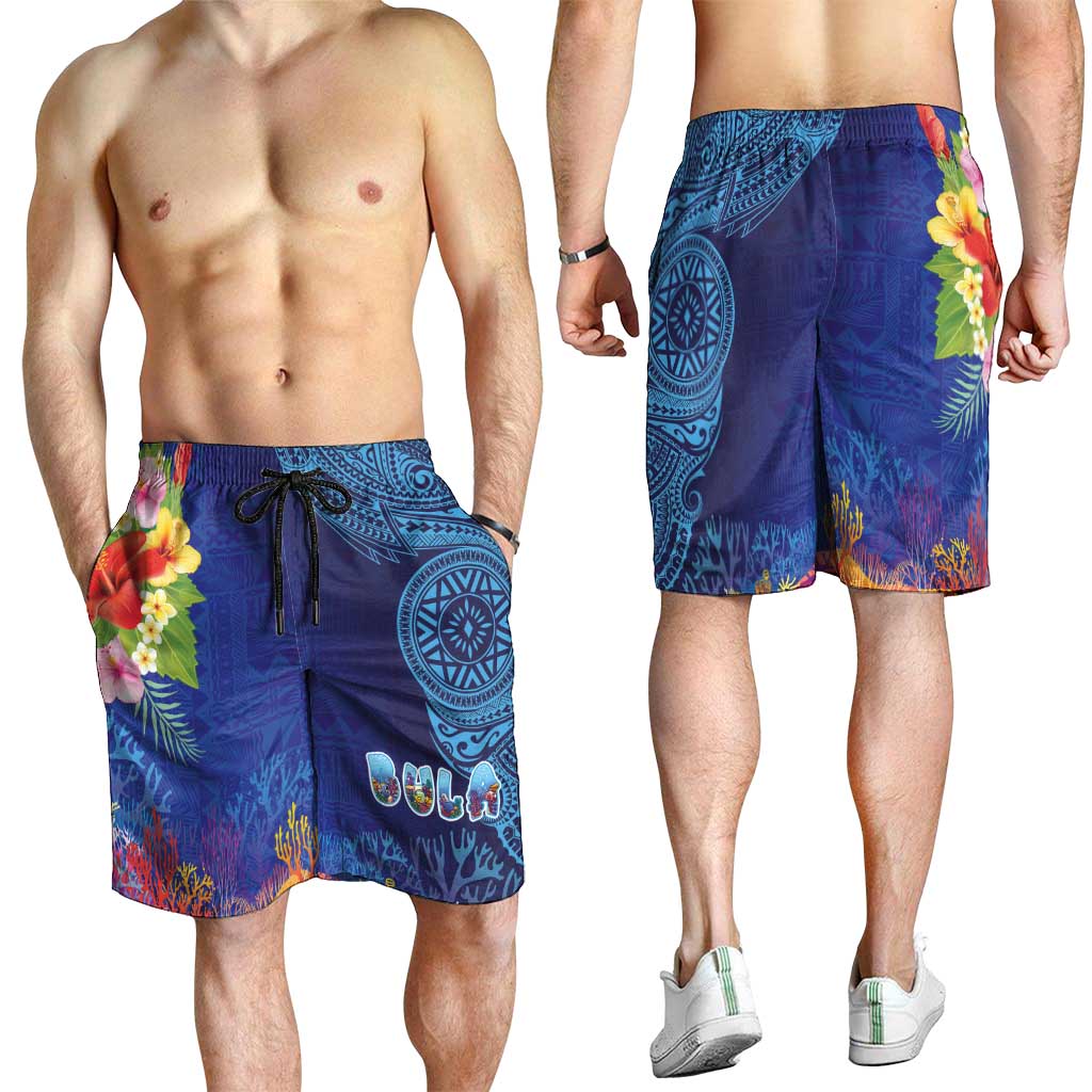 Fiji Day Shorts for Men Coral Reef with Tapa Motifs and Hibiscus Ocean Vibe