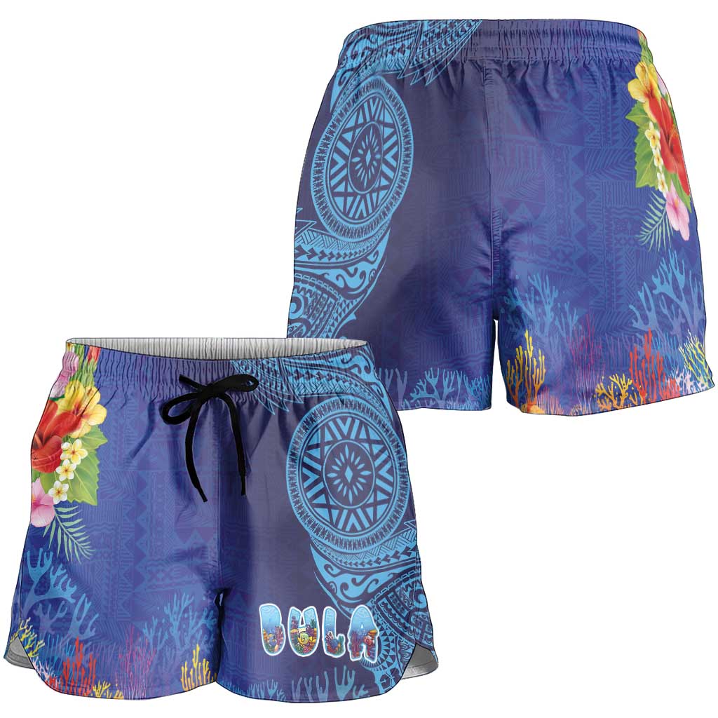 Fiji Day Shorts for Women Coral Reef with Tapa Motifs and Hibiscus Ocean Vibe