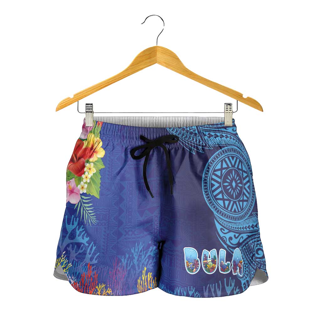 Fiji Day Shorts for Women Coral Reef with Tapa Motifs and Hibiscus Ocean Vibe