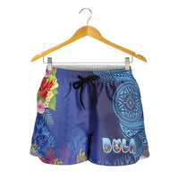 Fiji Day Shorts for Women Coral Reef with Tapa Motifs and Hibiscus Ocean Vibe