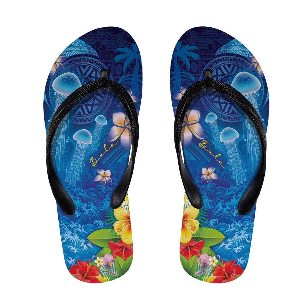 Fiji Jellyfish Flip Flops Tapa Patterns and Hibiscus Sea Vibe