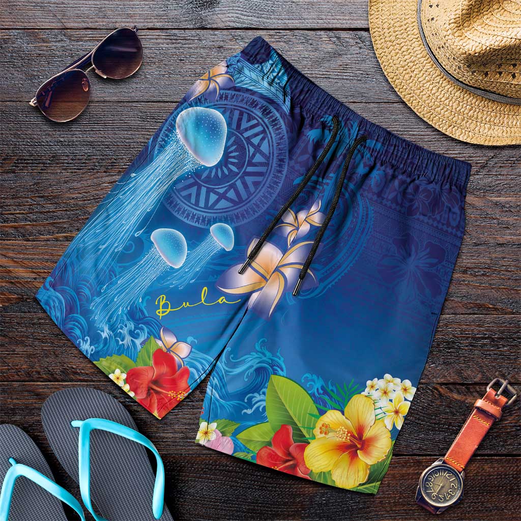 Fiji Jellyfish Shorts for Men Tapa Patterns and Hibiscus Sea Vibe