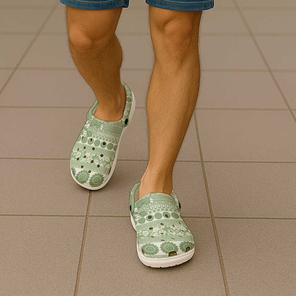 Fiji Marau na Kerisimasi Clogs Shoes Sage Green Tagimoucia Tapa Masi Tribal - Polynesian Pride