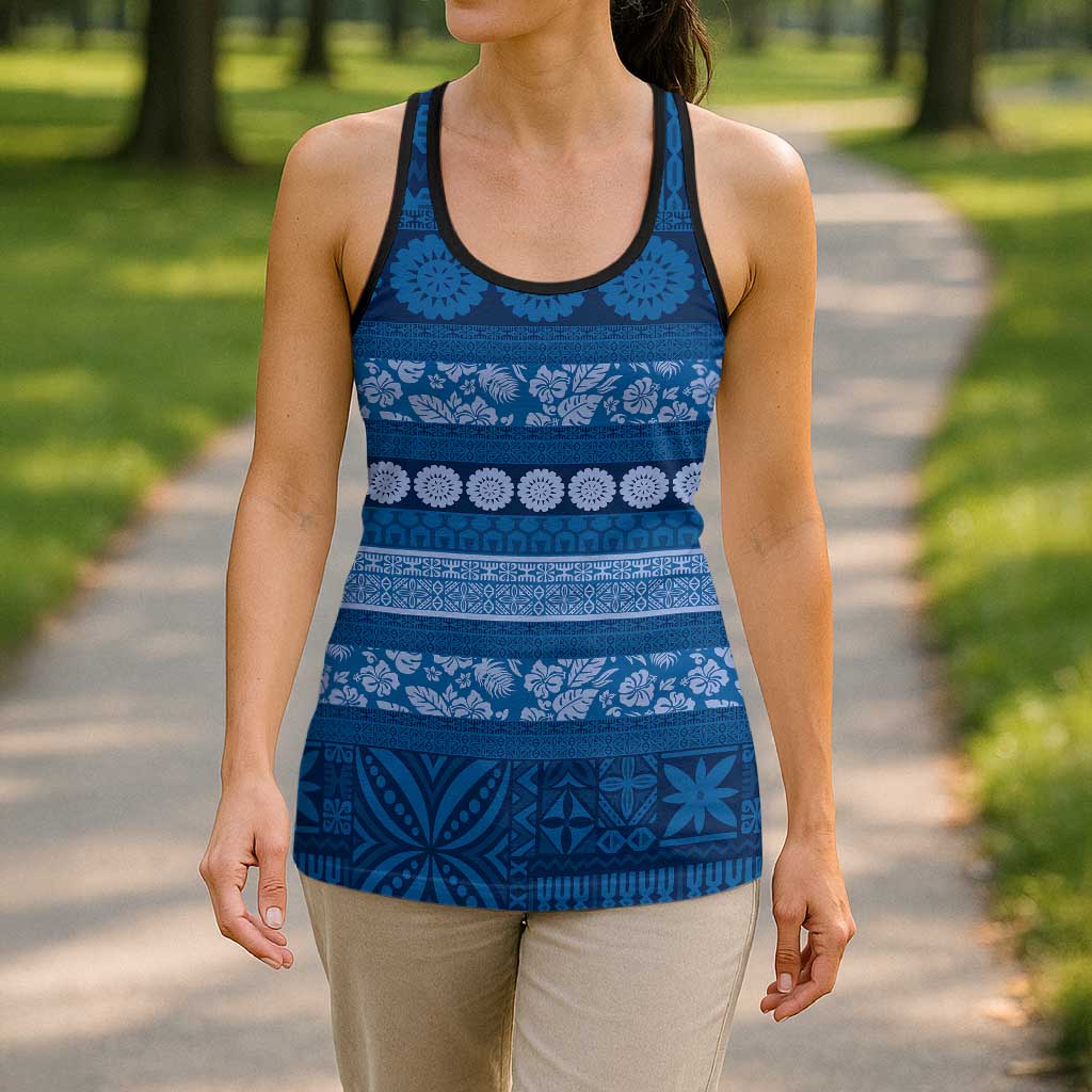Fiji Marau na Kerisimasi Hollow Tank Top Blue Tapa Masi Inspired Christmas - Polynesian Pride