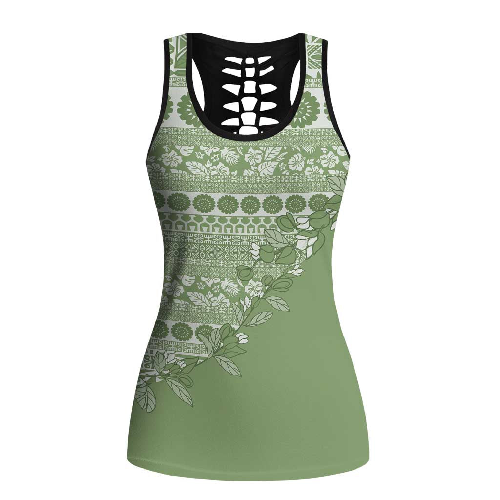 Fiji Marau na Kerisimasi Hollow Tank Top Sage Green Tagimoucia Tapa Masi Tribal - Polynesian Pride