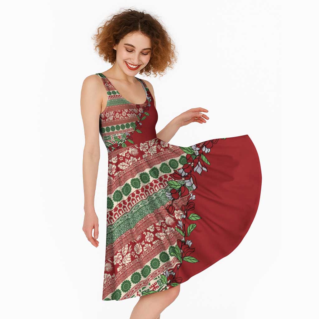 Fiji Marau na Kerisimasi Midi Dress Red Tagimoucia Tapa Masi Tribal - Polynesian Pride