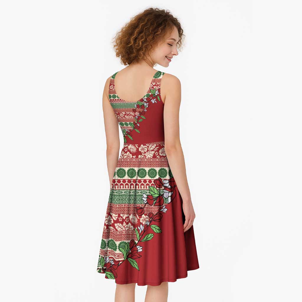 Fiji Marau na Kerisimasi Midi Dress Red Tagimoucia Tapa Masi Tribal - Polynesian Pride