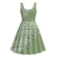 Fiji Marau na Kerisimasi Midi Dress Sage Green Tagimoucia Tapa Masi Tribal - Polynesian Pride