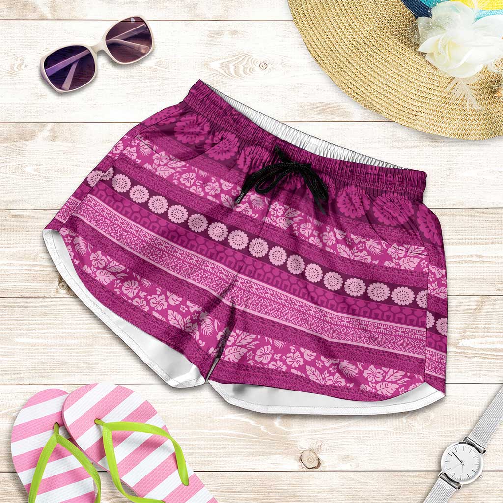 Fiji Marau na Kerisimasi Shorts for Women Pink Tapa Masi Inspired Christmas - Polynesian Pride
