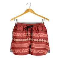 Fiji Marau na Kerisimasi Shorts for Women Red Tapa Masi Inspired Christmas - Polynesian Pride