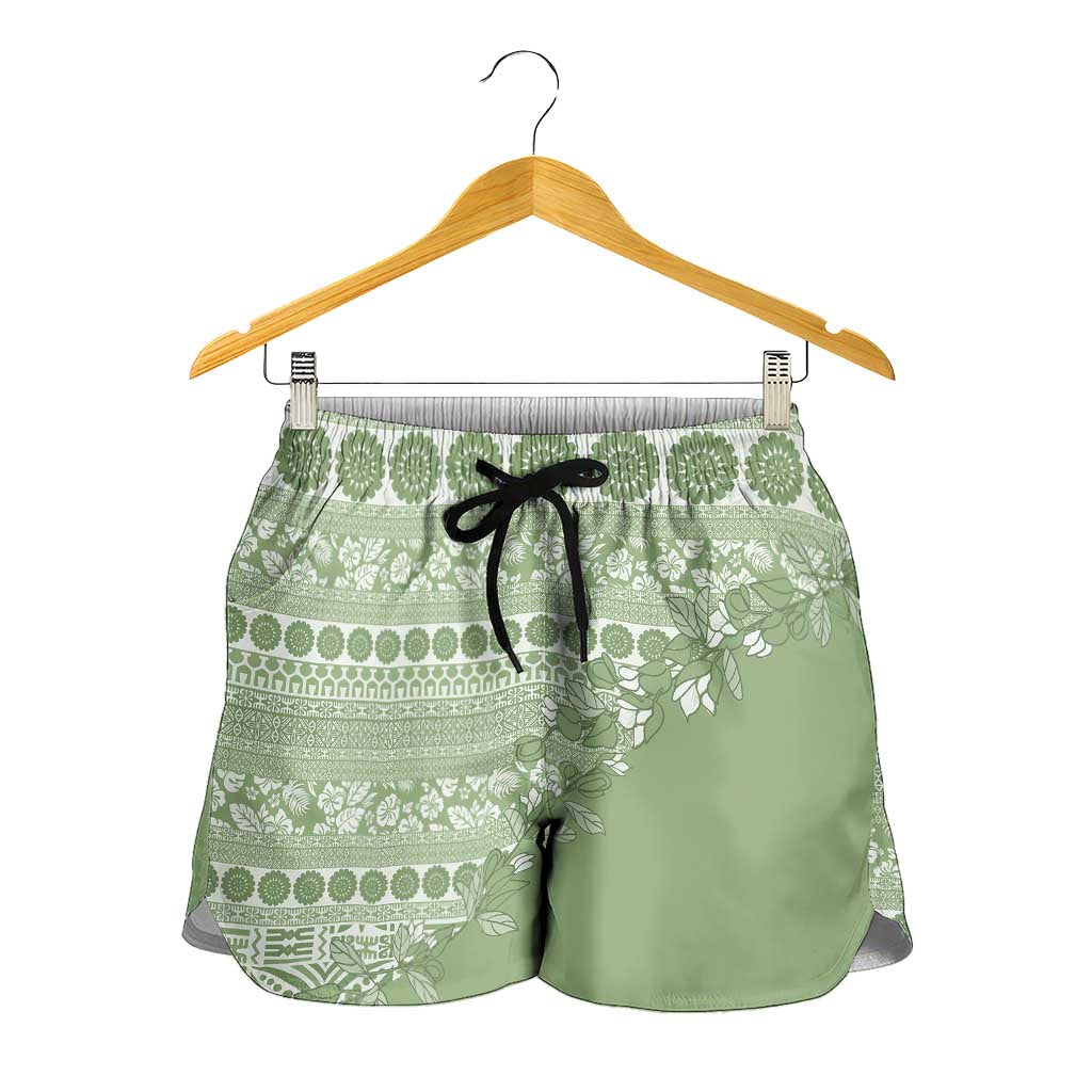 Fiji Marau na Kerisimasi Shorts for Women Sage Green Tagimoucia Tapa Masi Tribal - Polynesian Pride