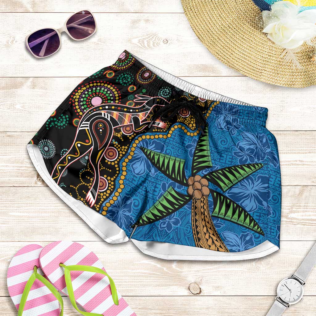 Fijian and Australian Culture Together Shorts for Women Aboriginal Art and Tapa Motifs with Kangaroo and Palm Tree - Polynesian Pride