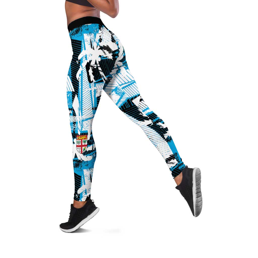Fijian Rugby Leggings Grunge Palm Stylized
