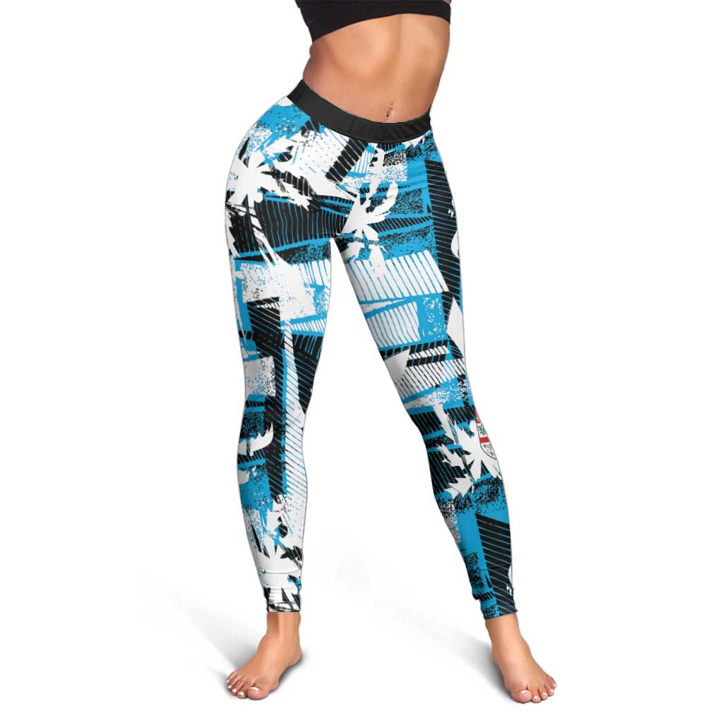 Fijian Rugby Leggings Grunge Palm Stylized