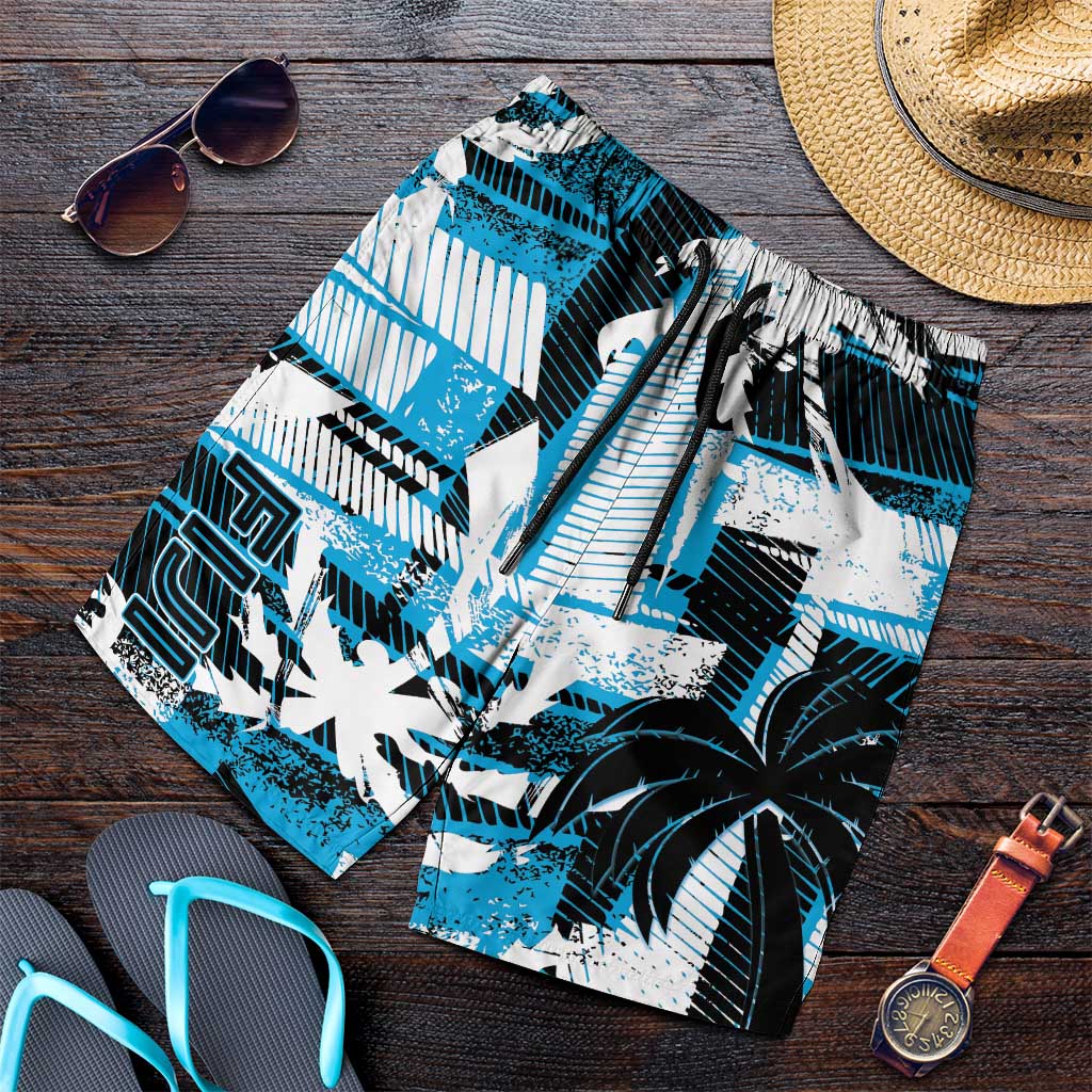 Fijian Rugby Shorts for Men Grunge Palm Stylized LT01 Blue - Polynesian Pride