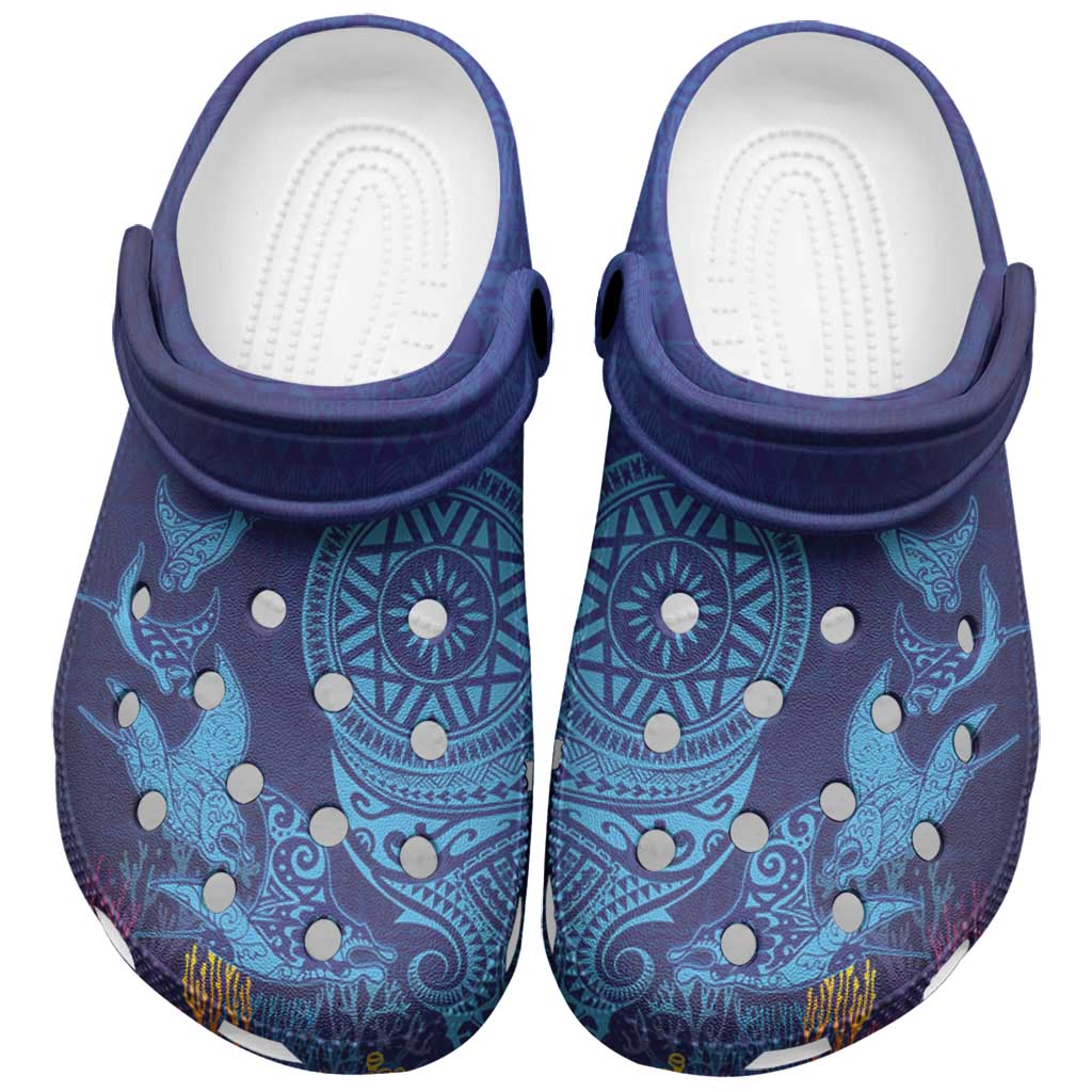 Fijian Tribal Manta Ray Clogs Shoes Masi Motif with Coral Reef Ocean Vibe