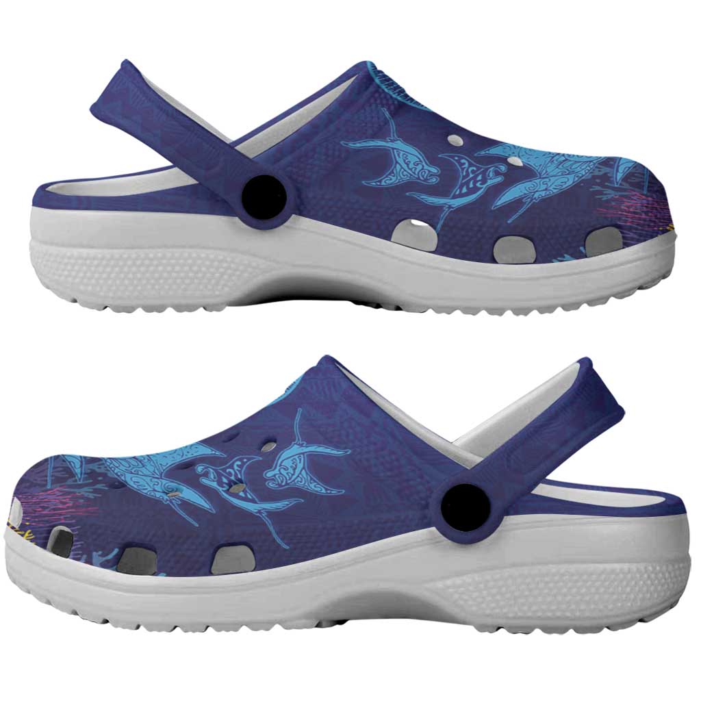 Fijian Tribal Manta Ray Clogs Shoes Masi Motif with Coral Reef Ocean Vibe
