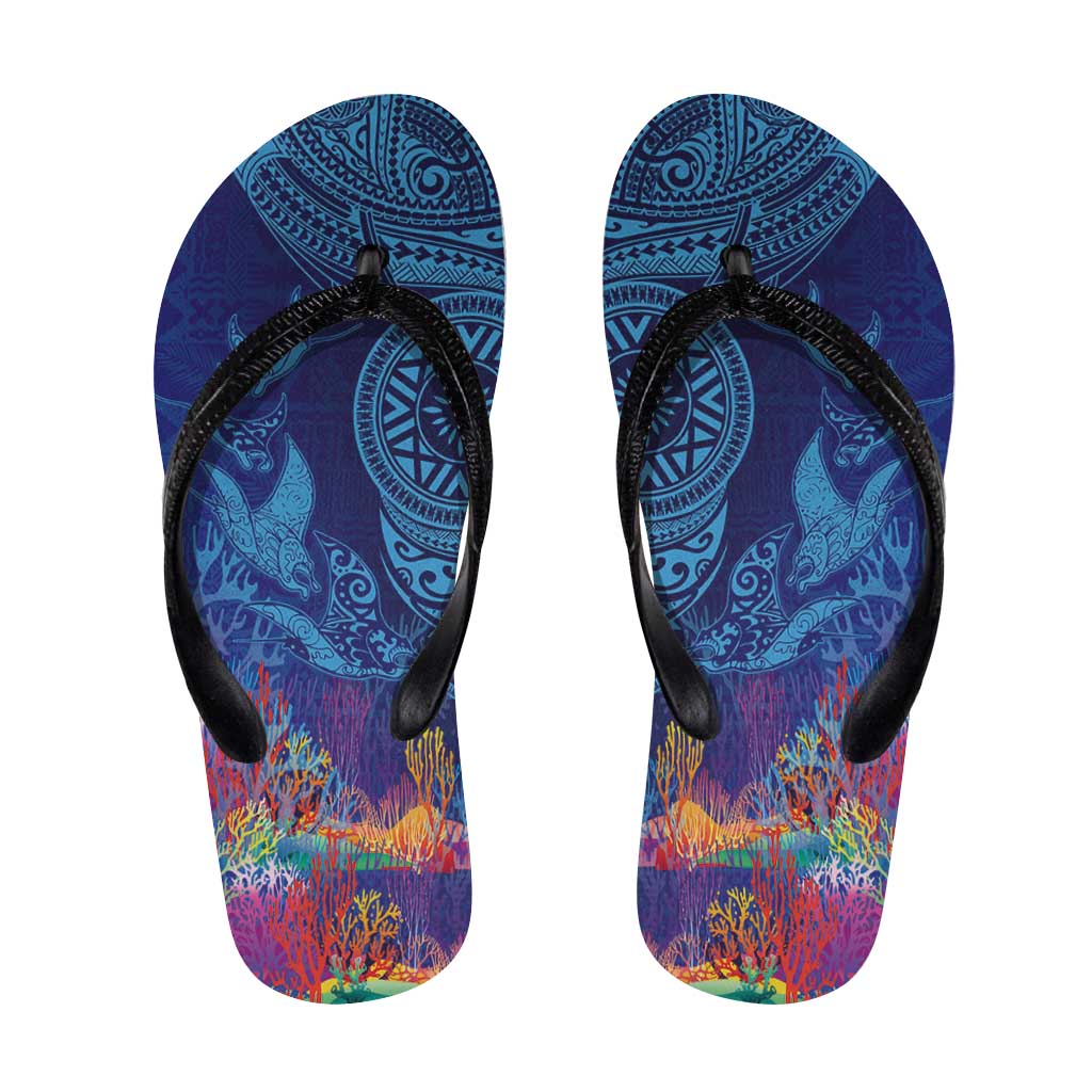 Fijian Tribal Manta Ray Flip Flops Masi Motif with Coral Reef Ocean Vibe