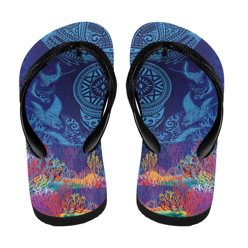 Fijian Tribal Manta Ray Flip Flops Masi Motif with Coral Reef Ocean Vibe
