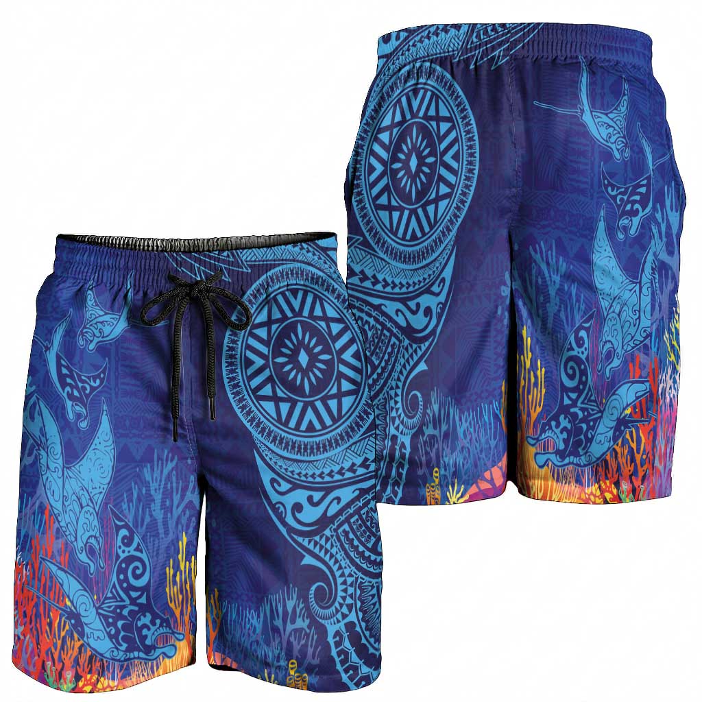 Fijian Tribal Manta Ray Shorts for Men Masi Motif with Coral Reef Ocean Vibe