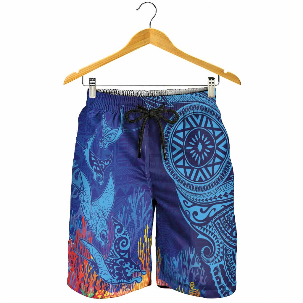 Fijian Tribal Manta Ray Shorts for Men Masi Motif with Coral Reef Ocean Vibe