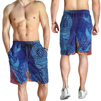 Fijian Tribal Manta Ray Shorts for Men Masi Motif with Coral Reef Ocean Vibe