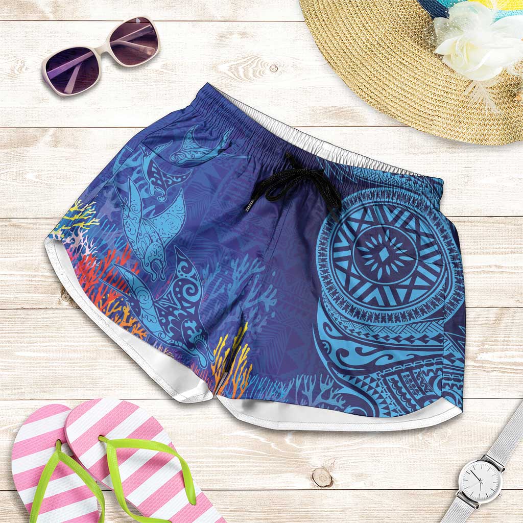 Fijian Tribal Manta Ray Shorts for Women Masi Motif with Coral Reef Ocean Vibe