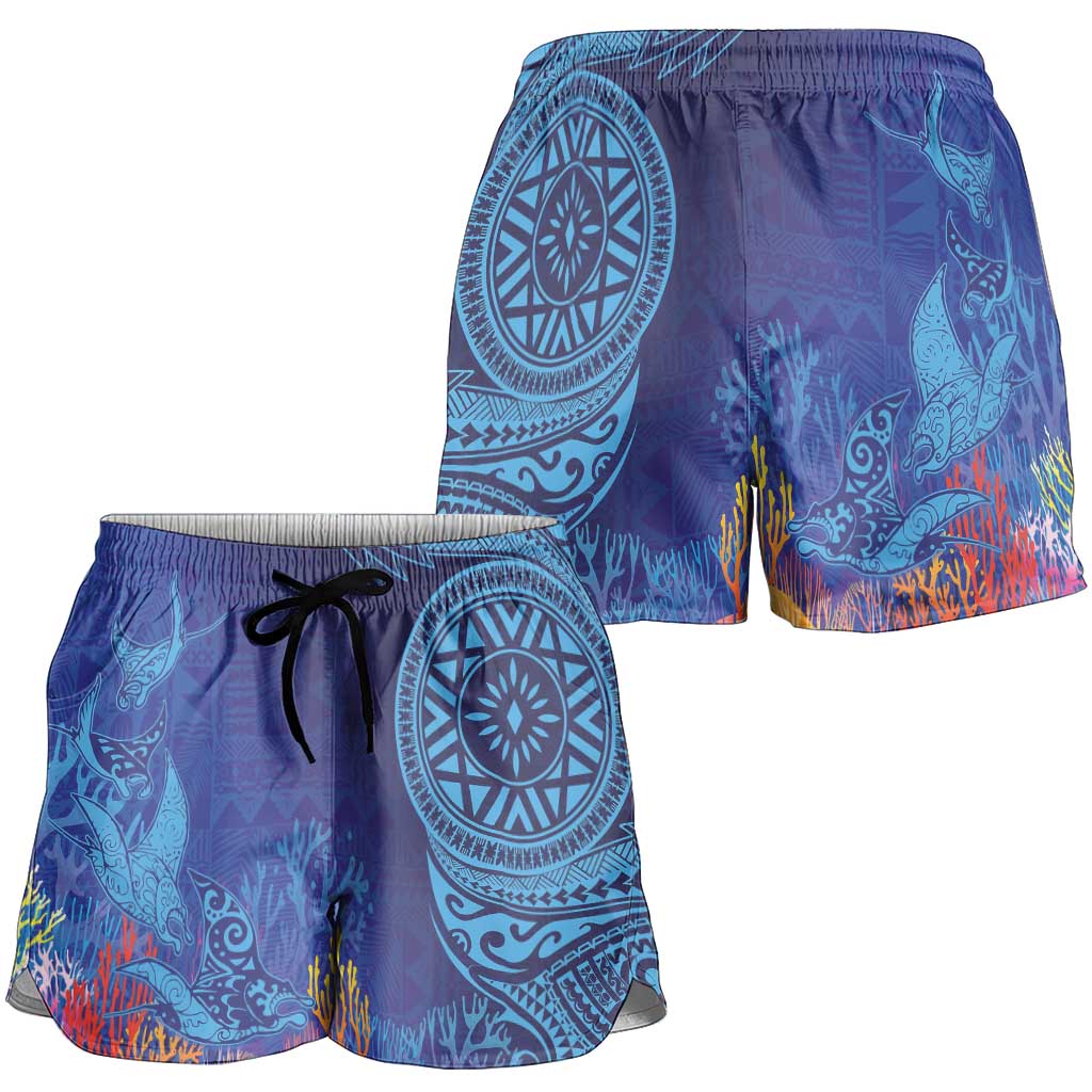 Fijian Tribal Manta Ray Shorts for Women Masi Motif with Coral Reef Ocean Vibe