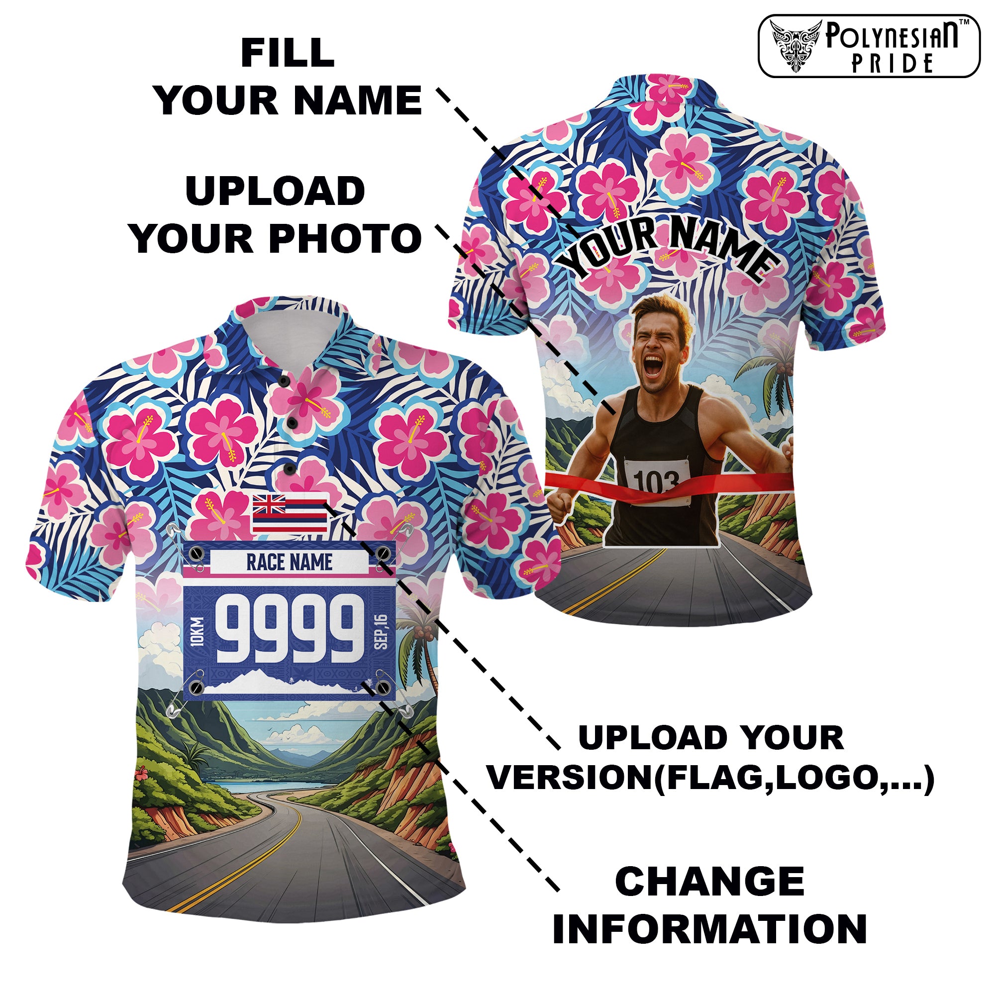 Custom Race Bib and Photo Marathon Polo Shirt Nature and Tropical Style CTM03