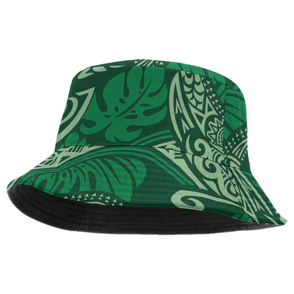 Forest Green Monstera Bucket Hat Polynesian Tribal Pattern - Polynesian Pride