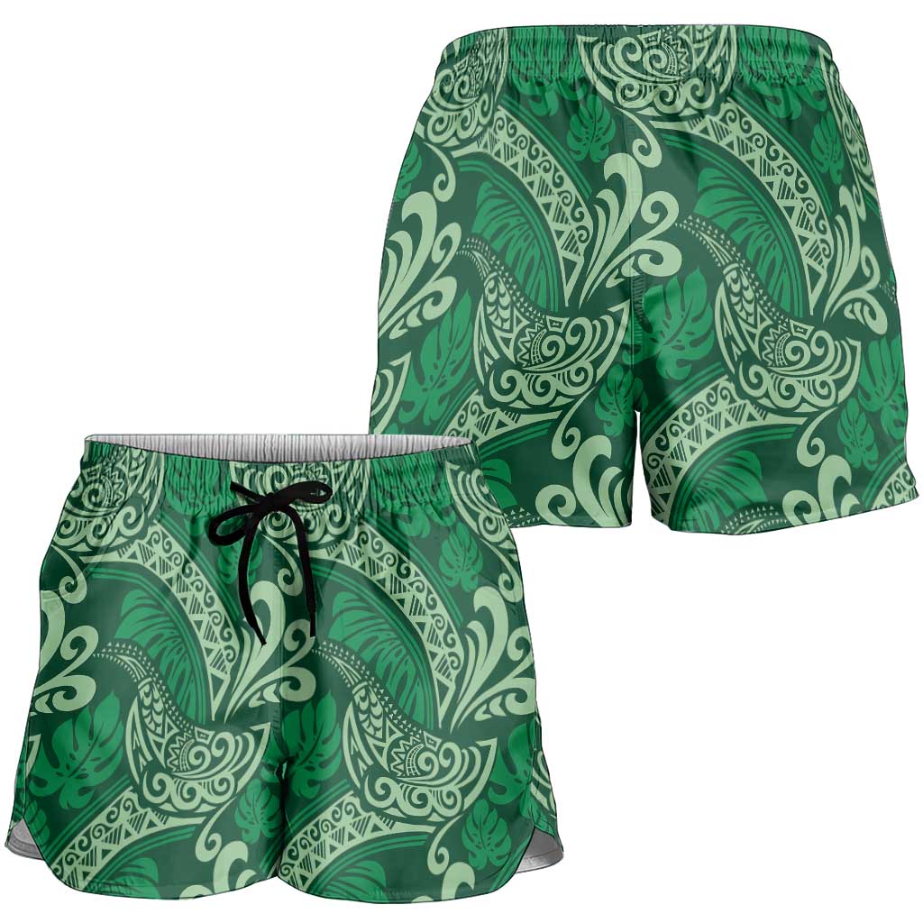 Forest Green Monstera Shorts for Women Polynesian Tribal Pattern - Polynesian Pride